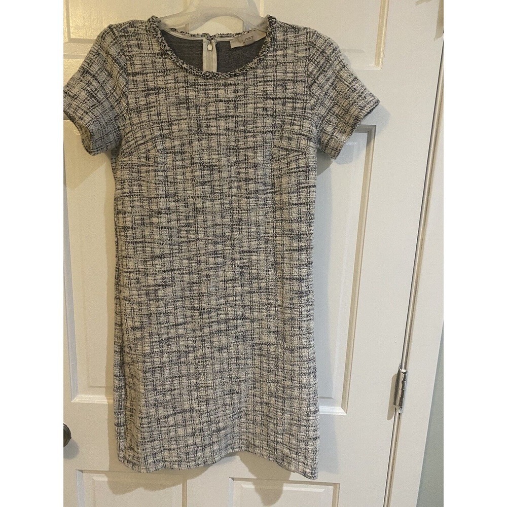 Loft black/white/blue Tweed Plaid Fringe Shift Dress Size 2